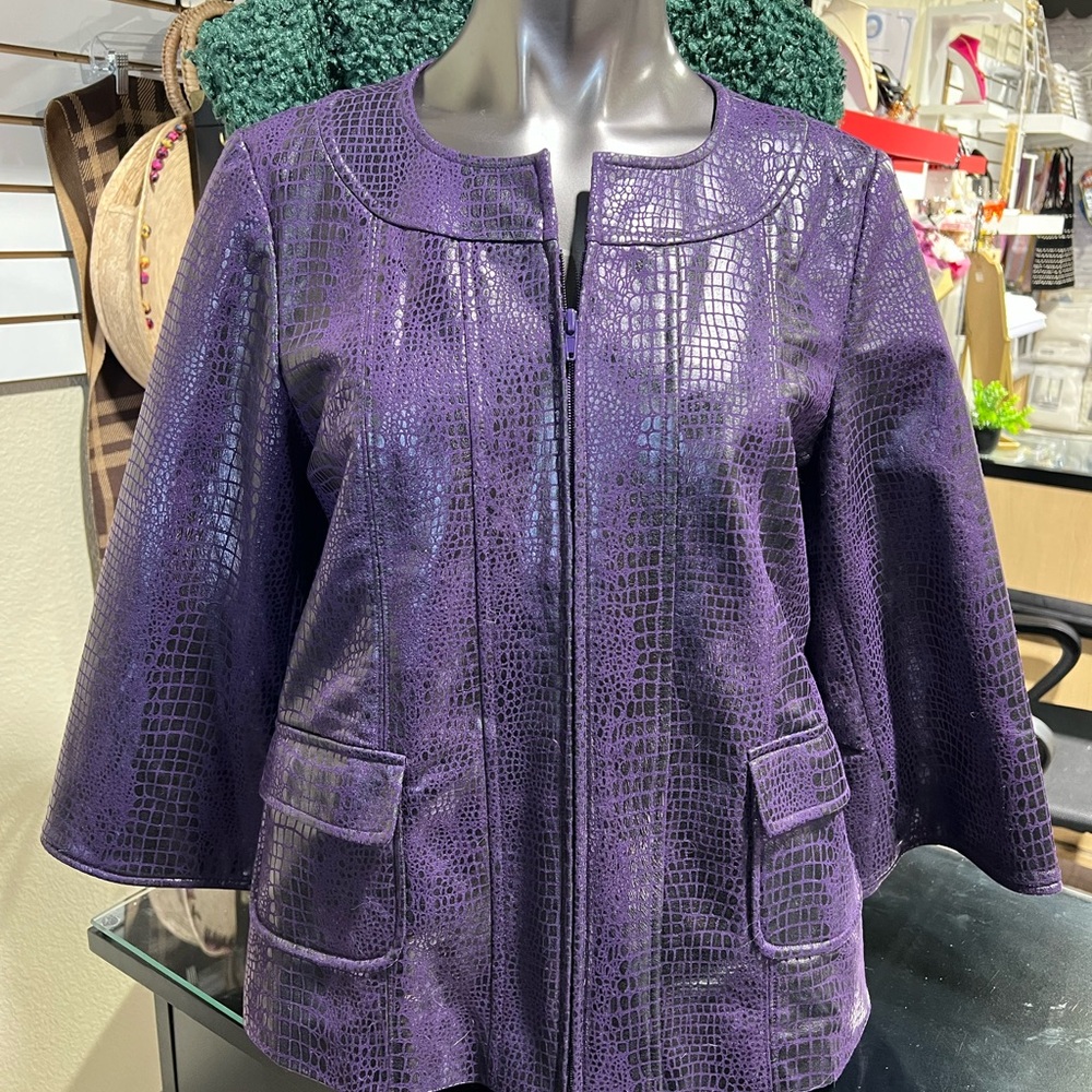 Susan Graver Purple Crocodile-Patterned Cape Jacket